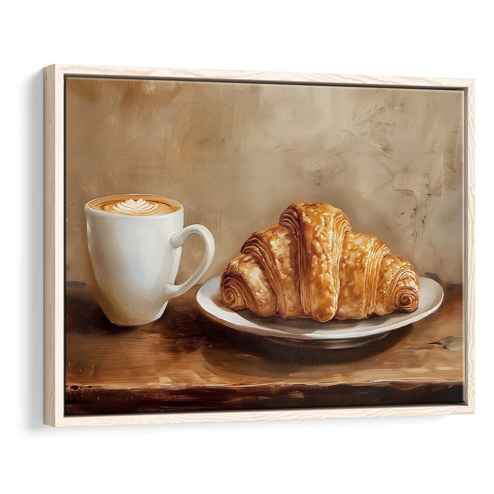Croissant & Coffee Food Art Print,Wall Art Oil Painting, Framed Canvas Print Wall Art, Floating Frame