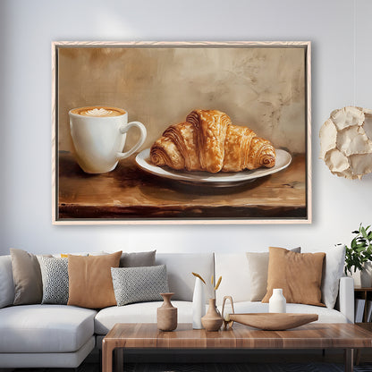 Croissant & Coffee Food Art Print,Wall Art Oil Painting, Framed Canvas Print Wall Art, Floating Frame