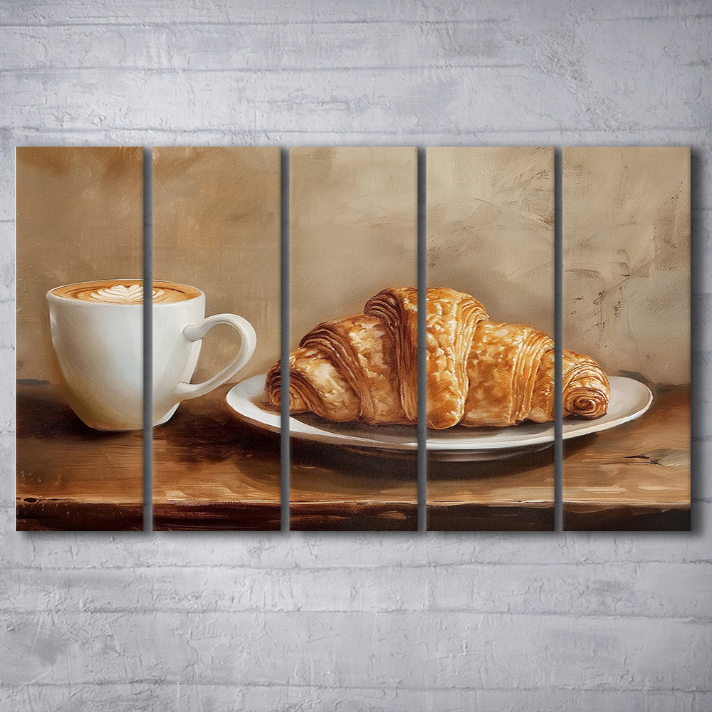 Croissant & Coffee Food Art Print,Wall Art Oil Painting, 5 Panel B Canvas Print Wall Art, Extra Large Canvas