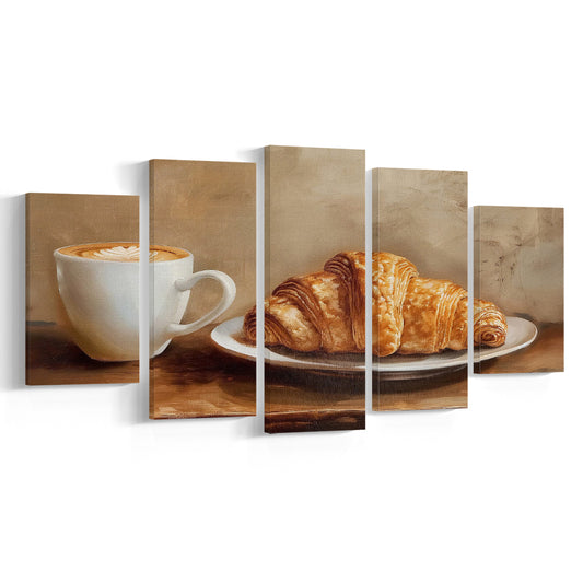 Croissant & Coffee Food Art Print,Wall Art Oil Painting, 5 Panel Mixed Canvas Print Wall Art, Large Canvas