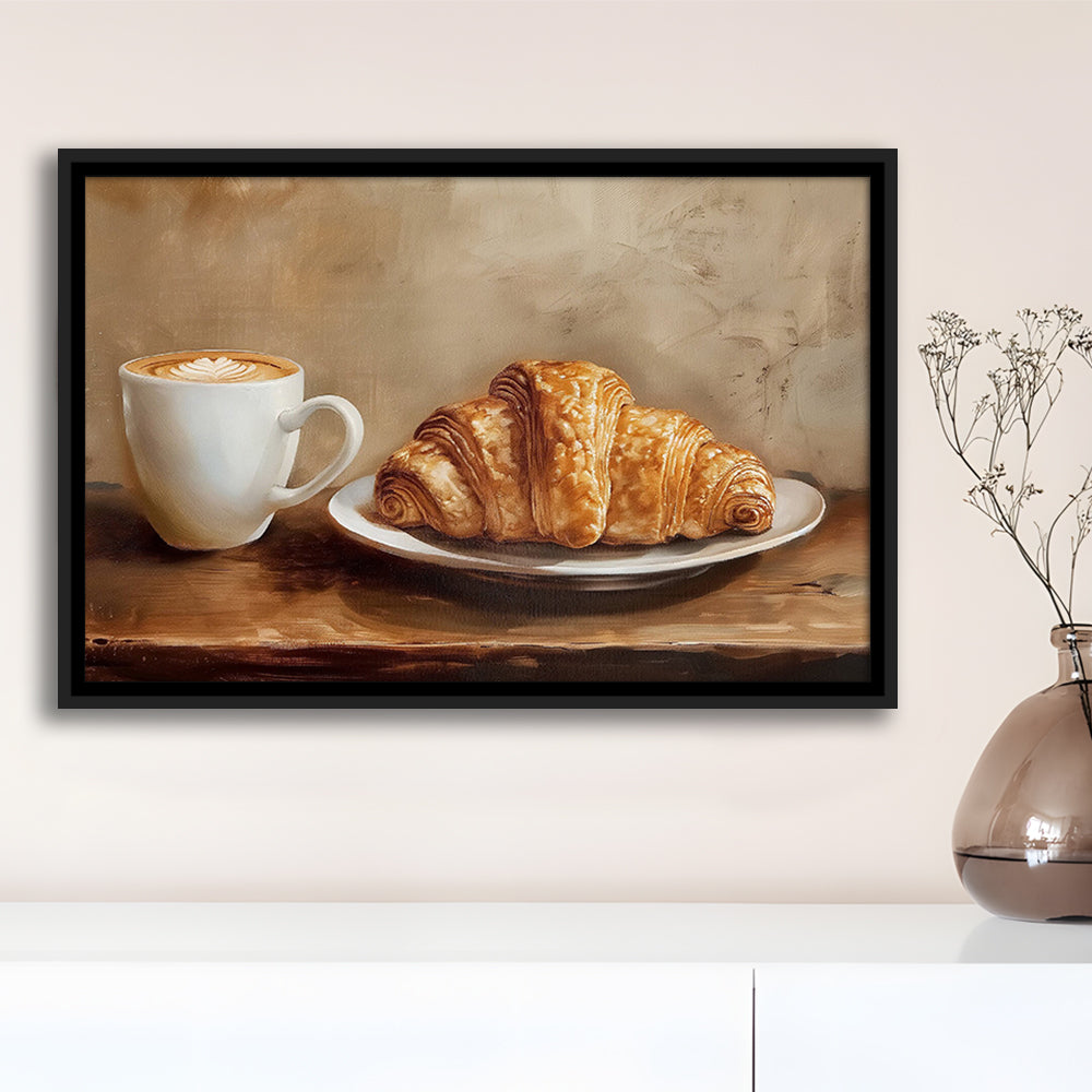 Croissant & Coffee Food Art Print,Wall Art Oil Painting, Framed Canvas Print Wall Art, Floating Frame