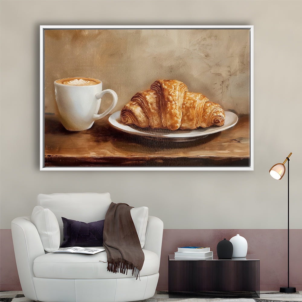 Croissant & Coffee Food Art Print,Wall Art Oil Painting, Framed Canvas Print Wall Art, Floating Frame