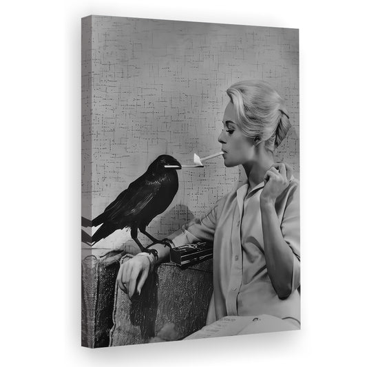 Crow Lights Woman's Cigarette, Black and White, Woman Smoking, Vintage Canvas Print Wall Art, Retro Wall Decor