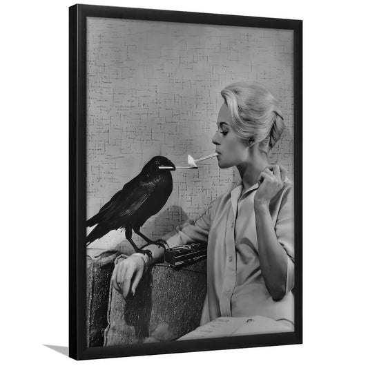 Crow Lights Woman's Cigarette, Black and White, Woman Smoking, Vintage Framed Art Print Wall Decor