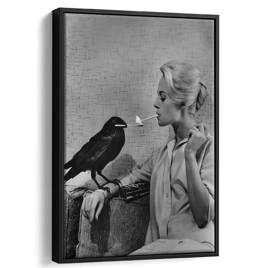 Crow Lights Woman's Cigarette, Black and White, Woman Smoking, Vintage Framed Canvas Print Wall Art