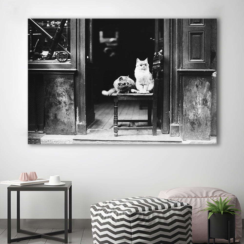 Cute Cats Wearing Sunglasses Funny Vintage Animal Photo Black and White Art, Canvas Print Wall Art Decor