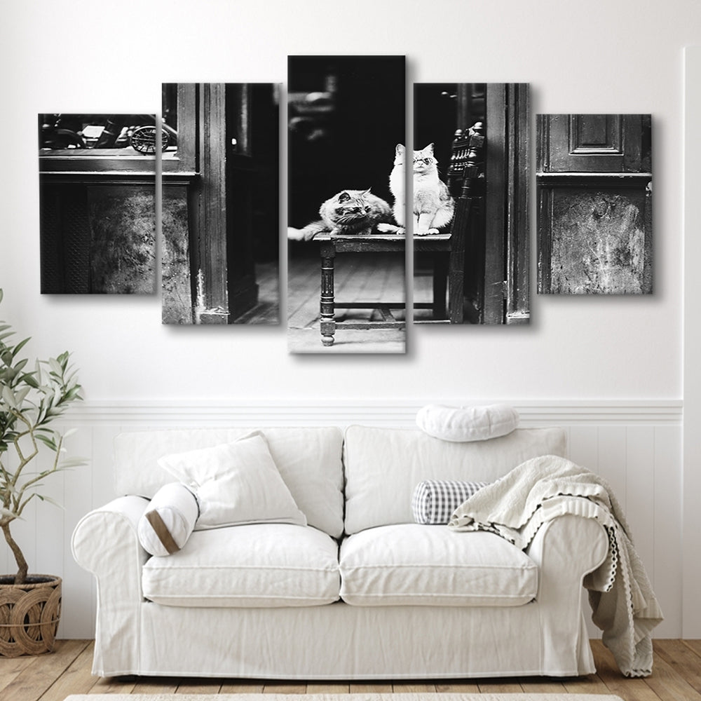 Cute Cats Wearing Sunglasses Funny Vintage Animal Photo Black and White Art, Mixed 5 Pieces Canvas Print
