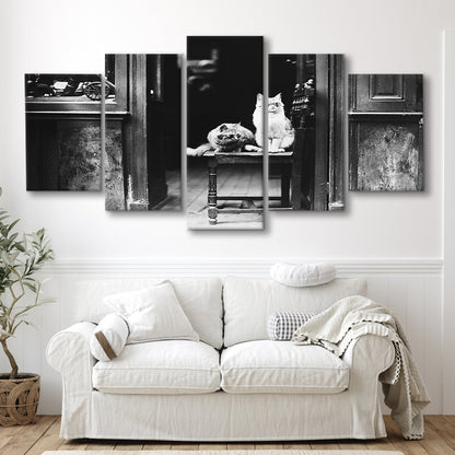 Cute Cats Wearing Sunglasses Funny Vintage Animal Photo Black and White Art, Mixed 5 Pieces Canvas Print