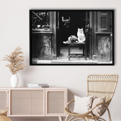 Cute Cats Wearing Sunglasses Funny Vintage Animal Photo Black and White Art, Floating Framed Canvas Print
