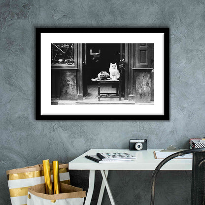 Cute Cats Wearing Sunglasses Funny Vintage Animal Photo Black and White Art, Framed Art Print White Border Wall Decor