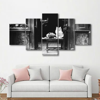 Cute Cats Wearing Sunglasses Funny Vintage Animal Photo Black and White Art, Mixed 5 Pieces Canvas Print