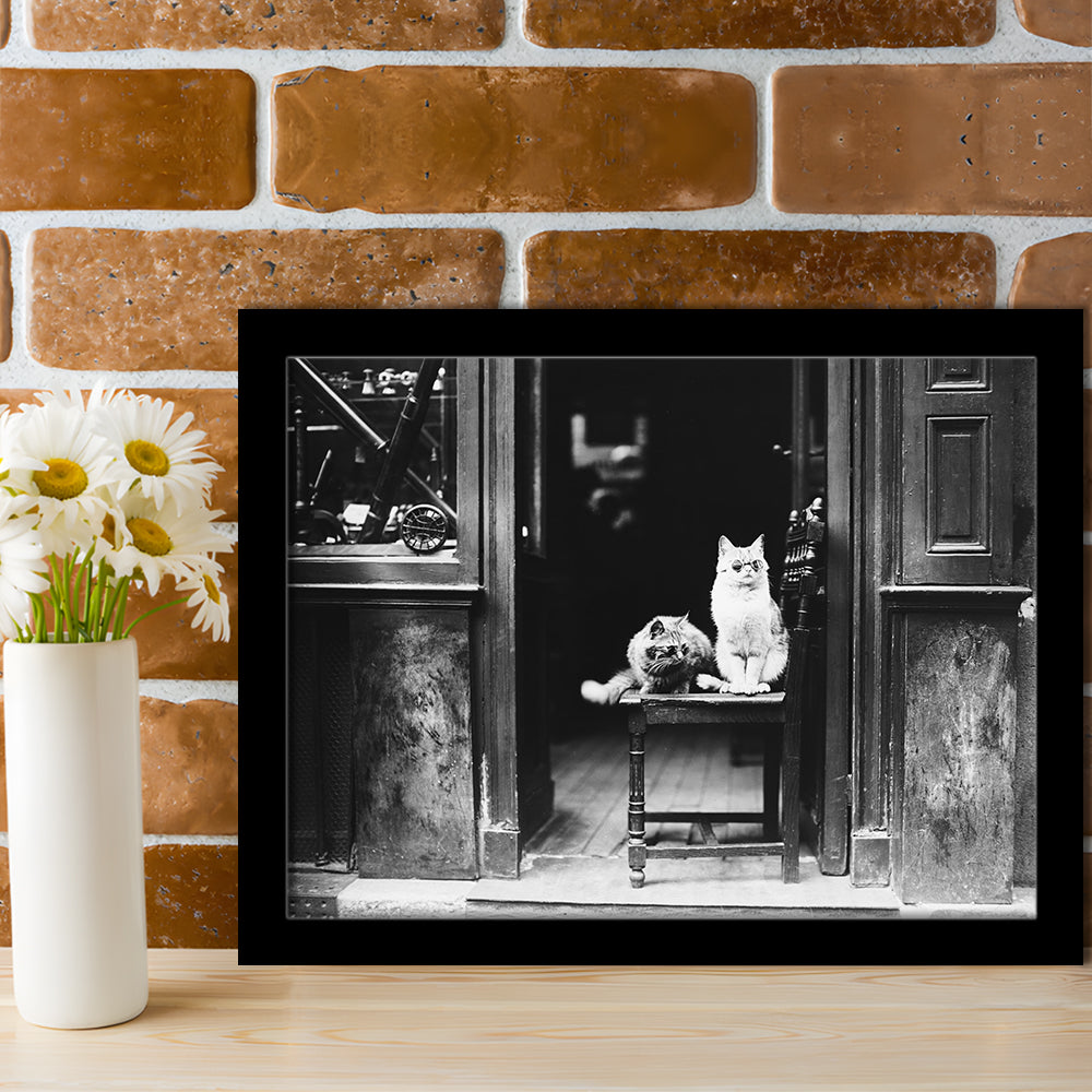 Cute Cats Wearing Sunglasses Funny Vintage Animal Photo Black and White Art, Framed Art Print Wall Decor