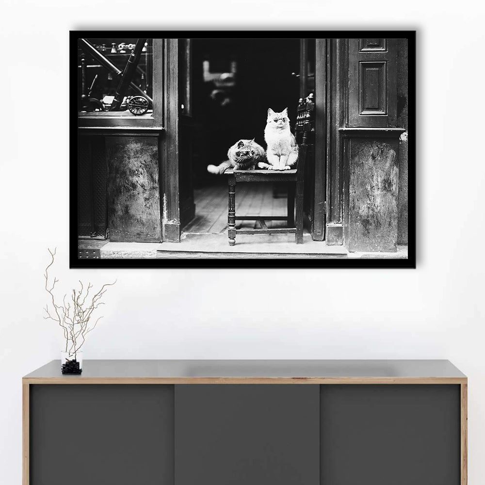 Cute Cats Wearing Sunglasses Funny Vintage Animal Photo Black and White Art, Framed Art Print Wall Decor