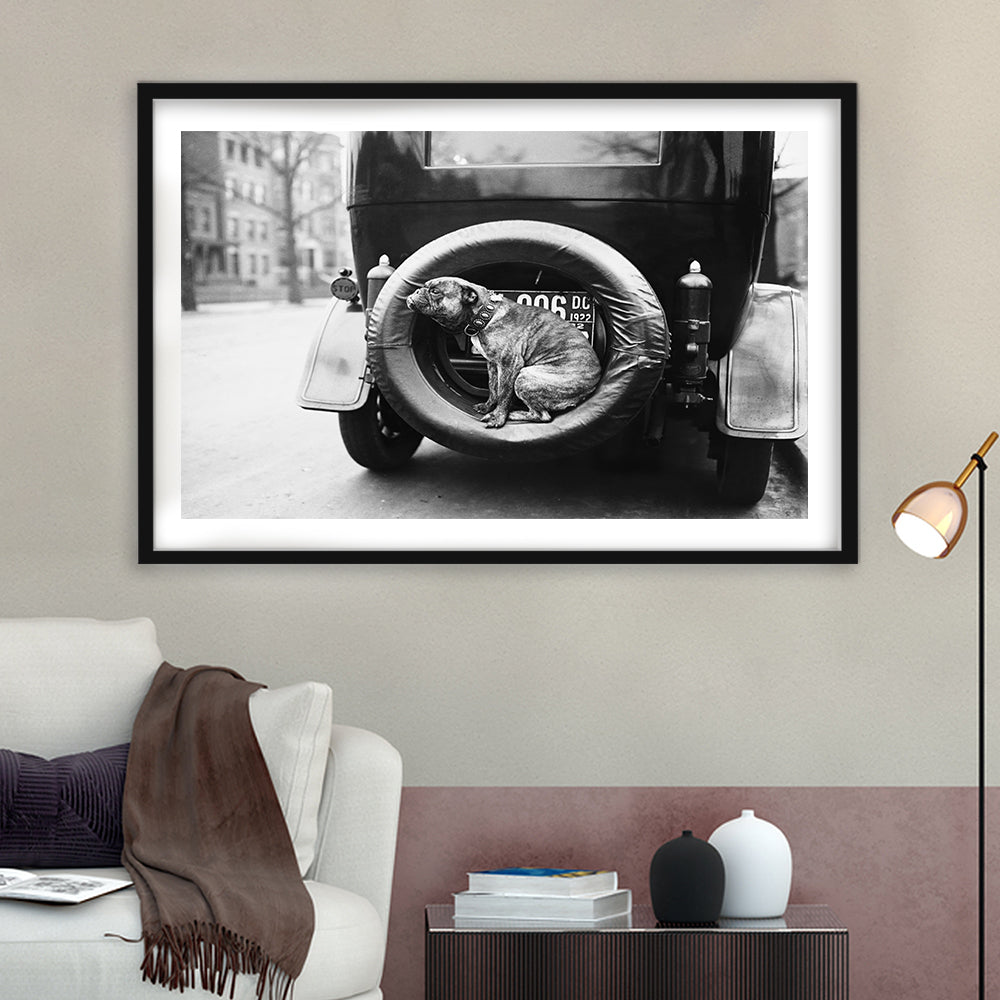 Cute Dog Print Black and White Art Vintage Animal Photo, Framed Art Print White Border Wall Decor
