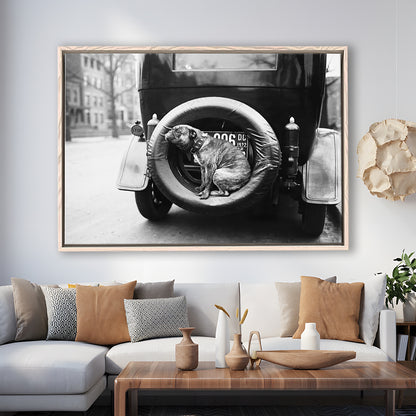 Cute Dog Print Black and White Art Vintage Animal Photo, Floating Framed Canvas Print