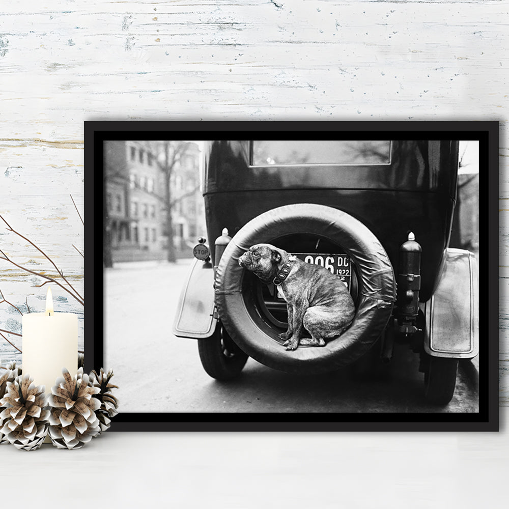 Cute Dog Print Black and White Art Vintage Animal Photo, Floating Framed Canvas Print