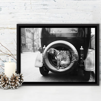 Cute Dog Print Black and White Art Vintage Animal Photo, Floating Framed Canvas Print