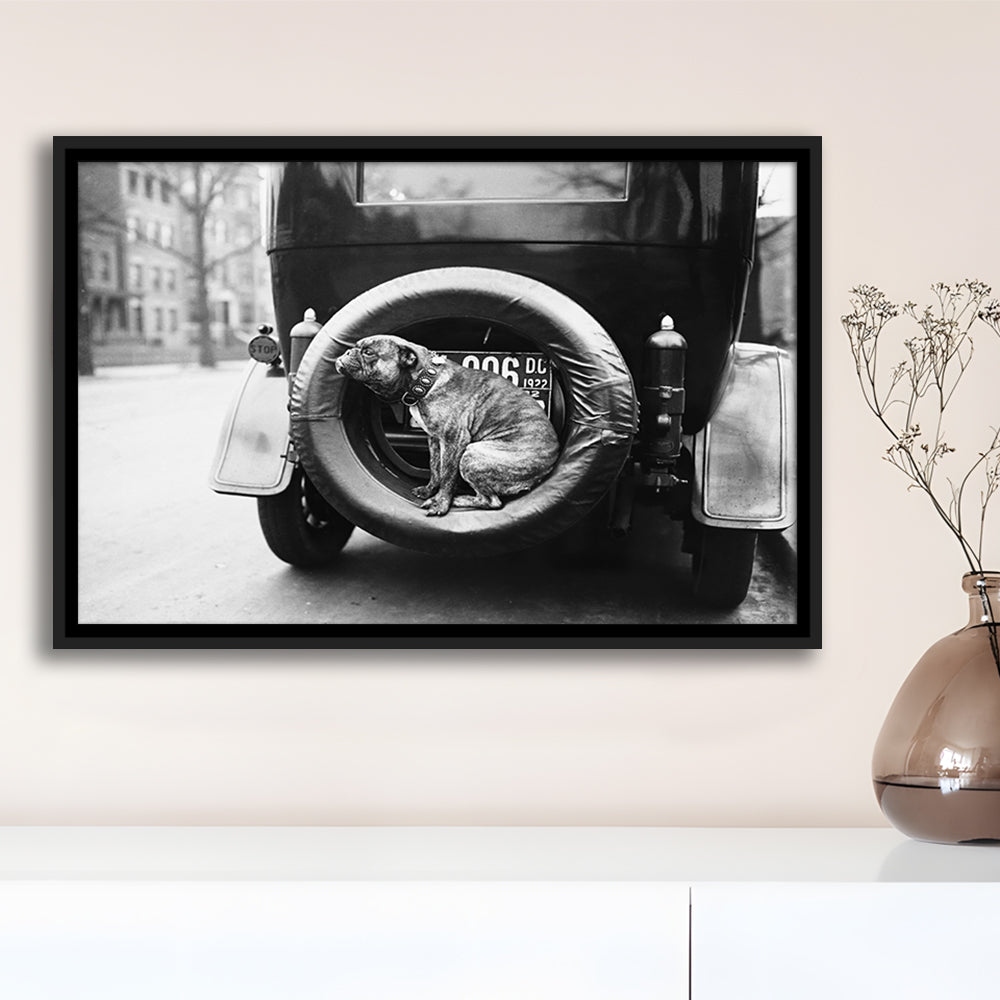 Cute Dog Print Black and White Art Vintage Animal Photo, Floating Framed Canvas Print