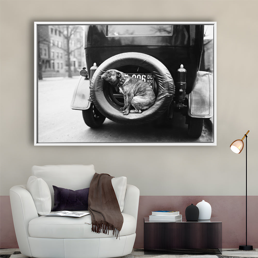 Cute Dog Print Black and White Art Vintage Animal Photo, Floating Framed Canvas Print