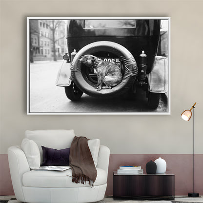 Cute Dog Print Black and White Art Vintage Animal Photo, Floating Framed Canvas Print