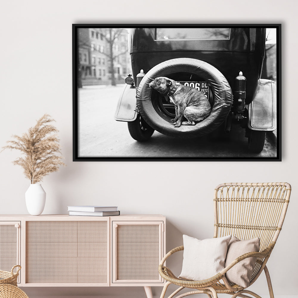 Cute Dog Print Black and White Art Vintage Animal Photo, Floating Framed Canvas Print