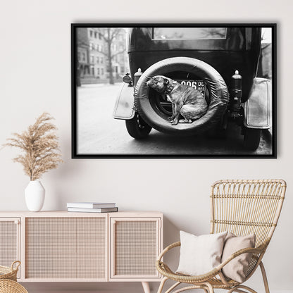 Cute Dog Print Black and White Art Vintage Animal Photo, Floating Framed Canvas Print