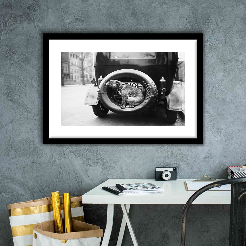 Cute Dog Print Black and White Art Vintage Animal Photo, Framed Art Print White Border Wall Decor