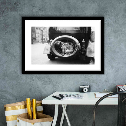 Cute Dog Print Black and White Art Vintage Animal Photo, Framed Art Print White Border Wall Decor