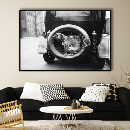 Cute Dog Print Black and White Art Vintage Animal Photo, Floating Framed Canvas Print