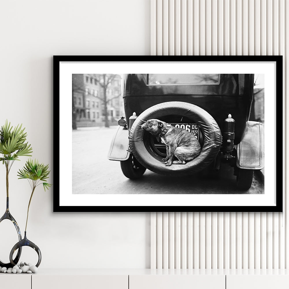 Cute Dog Print Black and White Art Vintage Animal Photo, Framed Art Print White Border Wall Decor