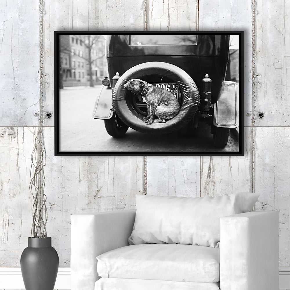 Cute Dog Print Black and White Art Vintage Animal Photo, Floating Framed Canvas Print