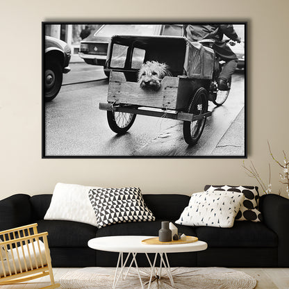 Cute Dog Print Funny Vintage Animal Photo Black and White Art, Floating Framed Canvas Print