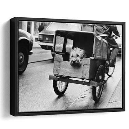 Cute Dog Print Funny Vintage Animal Photo Black and White Art, Floating Framed Canvas Print