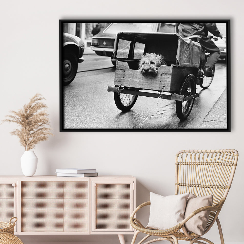 Cute Dog Print Funny Vintage Animal Photo Black and White Art, Floating Framed Canvas Print