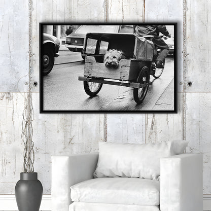 Cute Dog Print Funny Vintage Animal Photo Black and White Art, Floating Framed Canvas Print