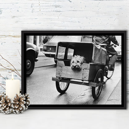 Cute Dog Print Funny Vintage Animal Photo Black and White Art, Floating Framed Canvas Print