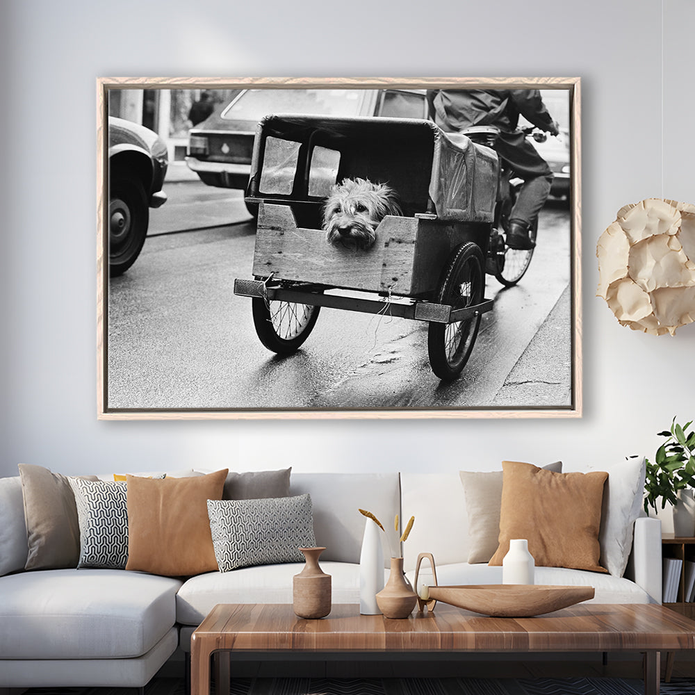 Cute Dog Print Funny Vintage Animal Photo Black and White Art, Floating Framed Canvas Print