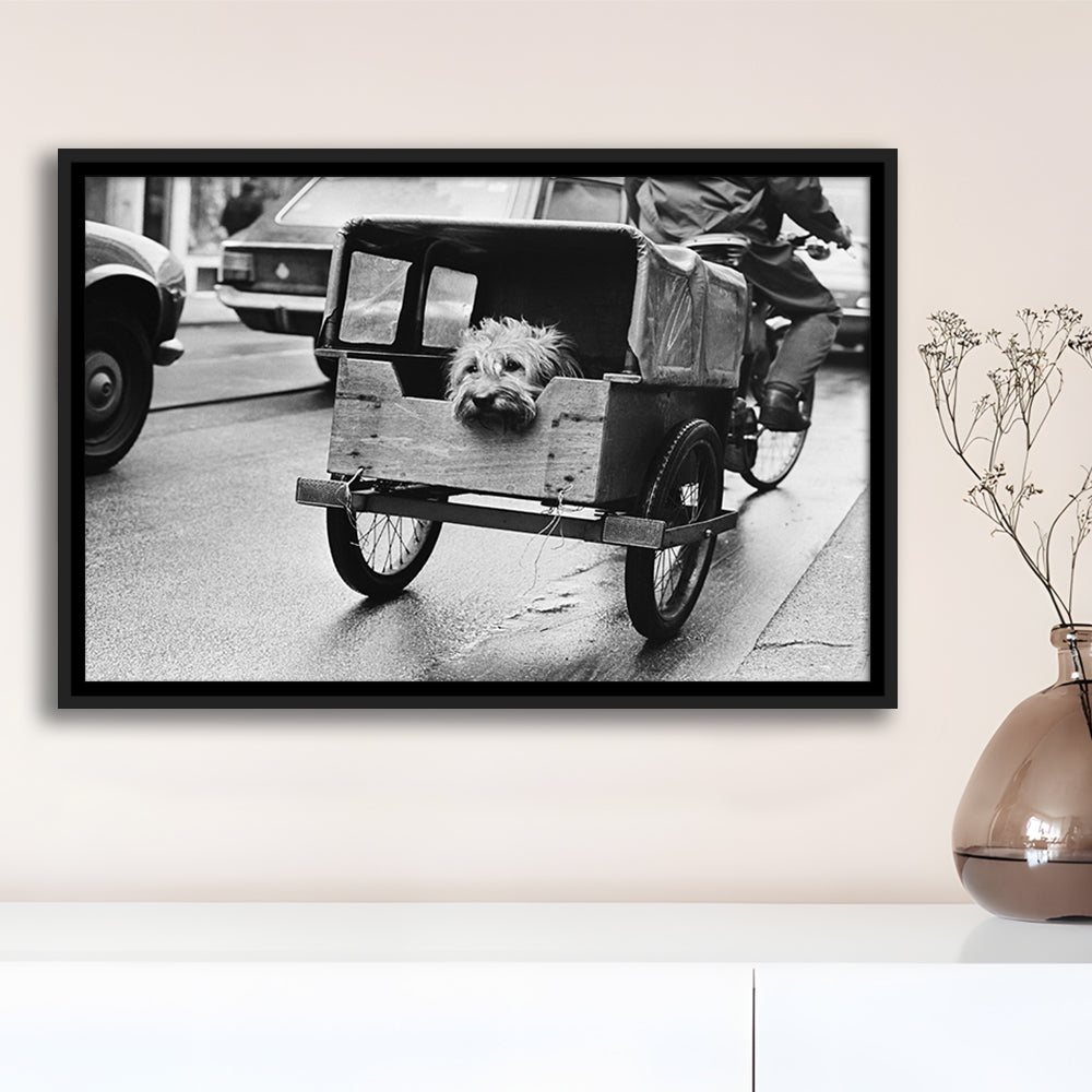 Cute Dog Print Funny Vintage Animal Photo Black and White Art, Floating Framed Canvas Print