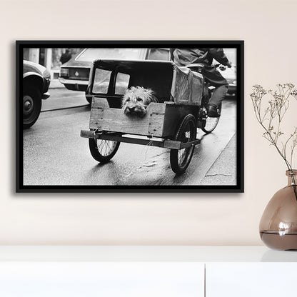 Cute Dog Print Funny Vintage Animal Photo Black and White Art, Floating Framed Canvas Print