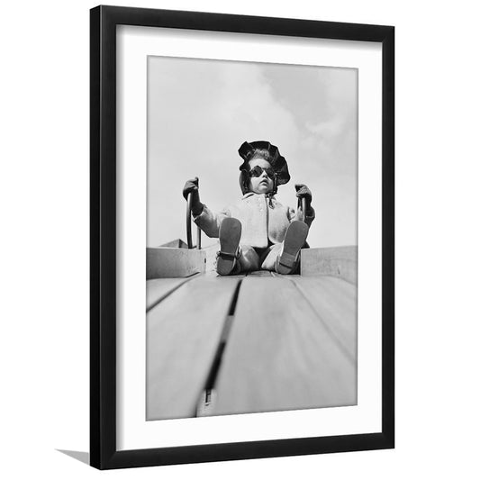Cute Kid on Playground Slide Black and White Art Vintage Kids Room Decor, Framed Art Print White Border Wall Decor