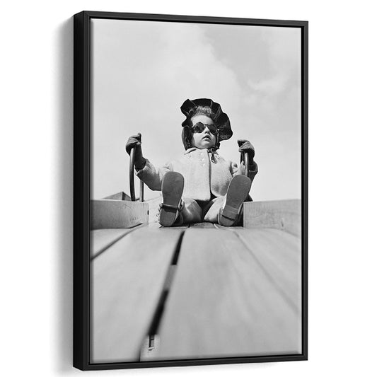 Cute Kid on Playground Slide Black and White Art Vintage Kids Room Decor, Floating Framed Canvas Print