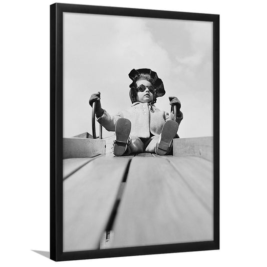 Cute Kid on Playground Slide Black and White Art Vintage Kids Room Decor, Framed Art Print Wall Decor