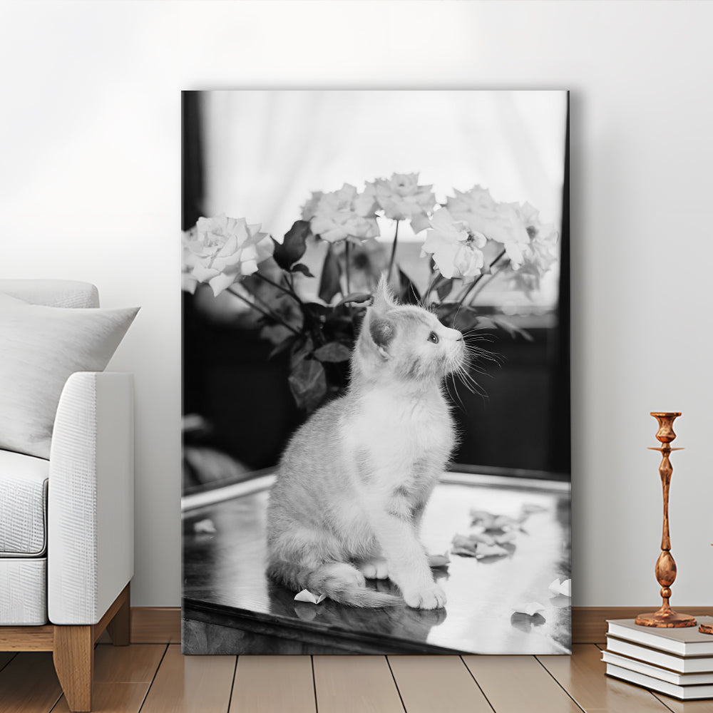 Cute Kitten Print Black and White Art Vintage Animal Photo, Canvas Print Wall Art