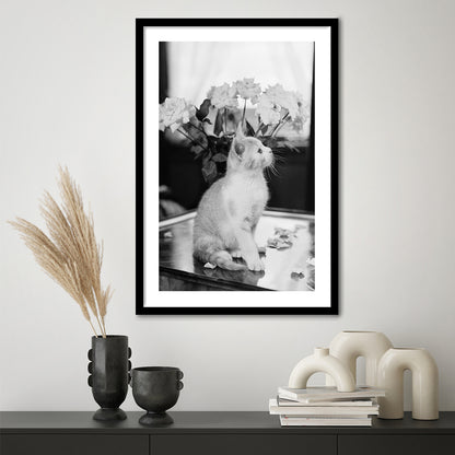 Cute Kitten Print Black and White Art Vintage Animal Photo, Framed Art Print White Border Wall Decor