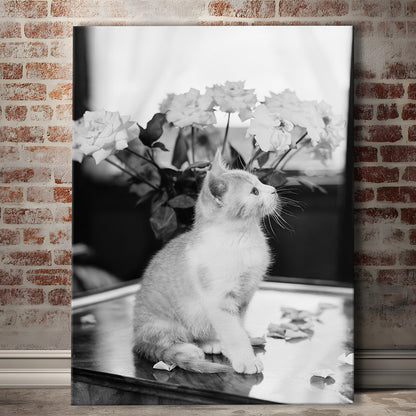 Cute Kitten Print Black and White Art Vintage Animal Photo, Canvas Print Wall Art