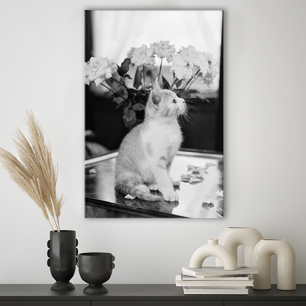 Cute Kitten Print Black and White Art Vintage Animal Photo, Canvas Print Wall Art