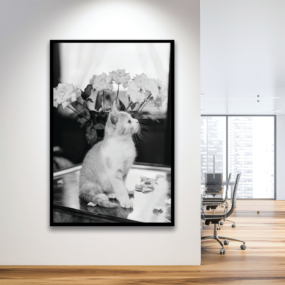 Cute Kitten Print Black and White Art Vintage Animal Photo, Framed Art Print Wall Decor