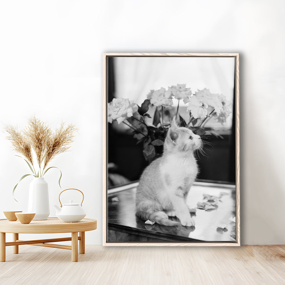 Cute Kitten Print Black and White Art Vintage Animal Photo, Floating Framed Canvas Print
