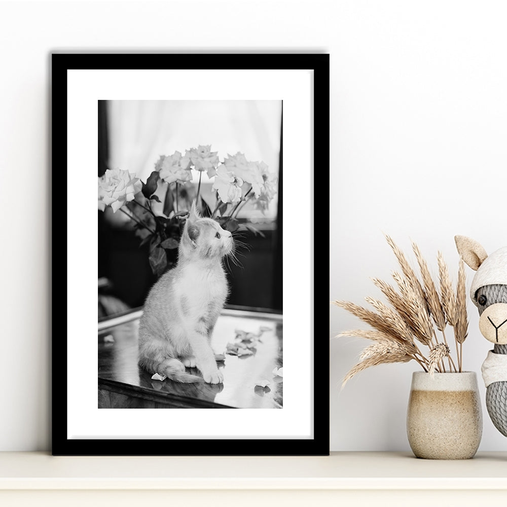 Cute Kitten Print Black and White Art Vintage Animal Photo, Framed Art Print White Border Wall Decor