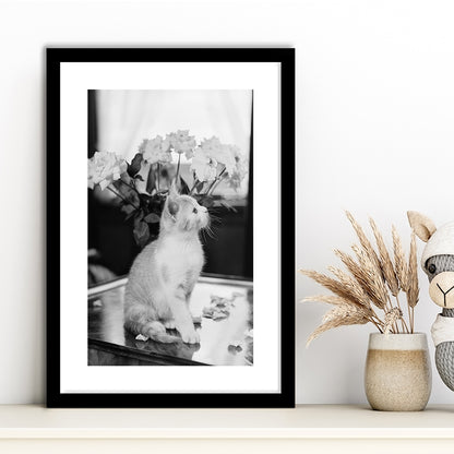 Cute Kitten Print Black and White Art Vintage Animal Photo, Framed Art Print White Border Wall Decor